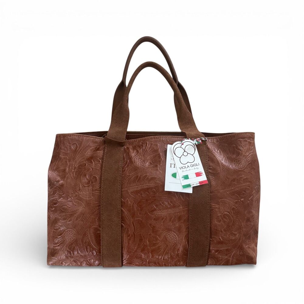 Viola Gigli Genuine Leather Tote Brown Cuoio Embossed Floral Made Italy NWT